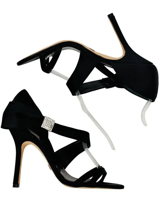 Badgley Mischka Black Satin Rhinestone Bow Heels 6 | dOrsay Formal Evening Shoes - Picture 9 of 16